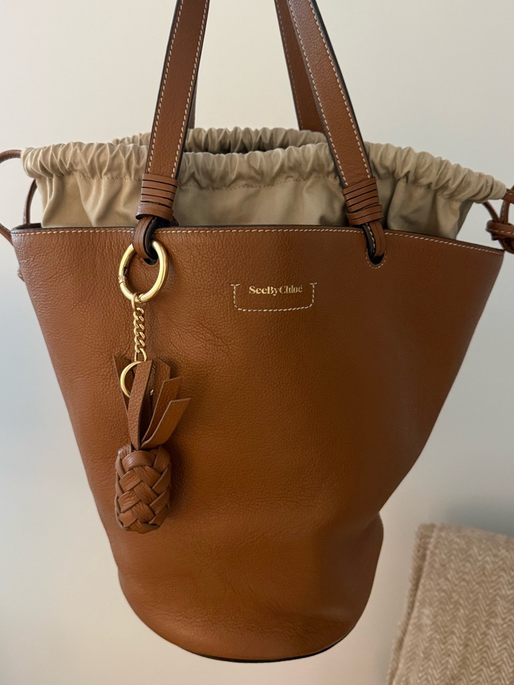See By Chloe Brown Leather Drawstring Shoulder Tote